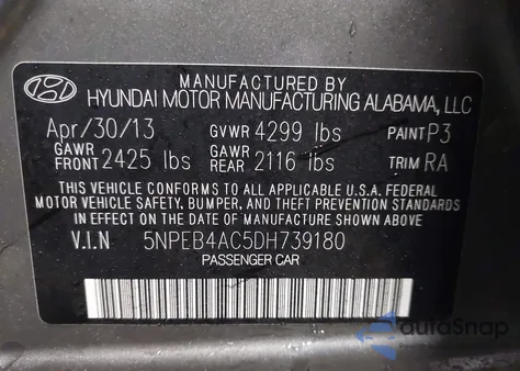 2013 Hyundai Sonata Gls из США, поврежденный, VIN 5NPEB4AC5DH739180